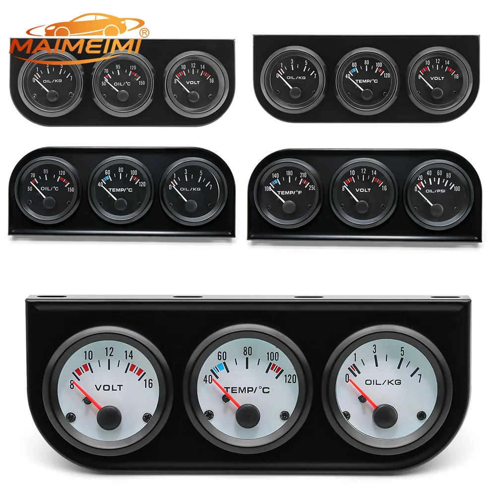 Oil Temp Oil Pressure Volt Gauge 52mm 3 in 1 Triple Gauge Kit With Temp&Pressure Sensor Black/Chrome Bezel Black/White Face 12V