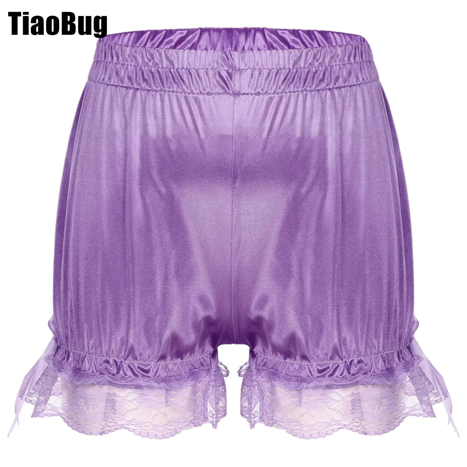 

Womens Bowknot Lace Trim Satin Shorts Elastic Waistband Pajama Bottoms Nightwear Loungewear Homewear