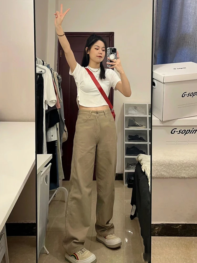 Jeans a vita alta a gamba dritta kaki Pantaloni lunghi dimagranti larghi vintage di piccole dimensioni da donna Pantaloni lunghi fino al pavimento alla moda