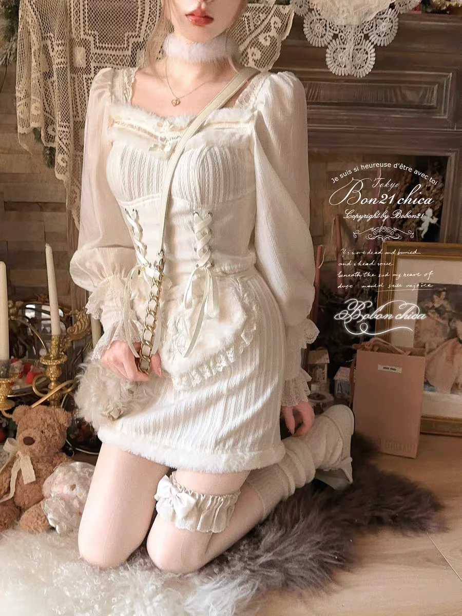 Princess sweet lolita dress bobon21 Snowdrop Ballet Retro lace bow Faux Fur Patchwork Knit Dress D2440