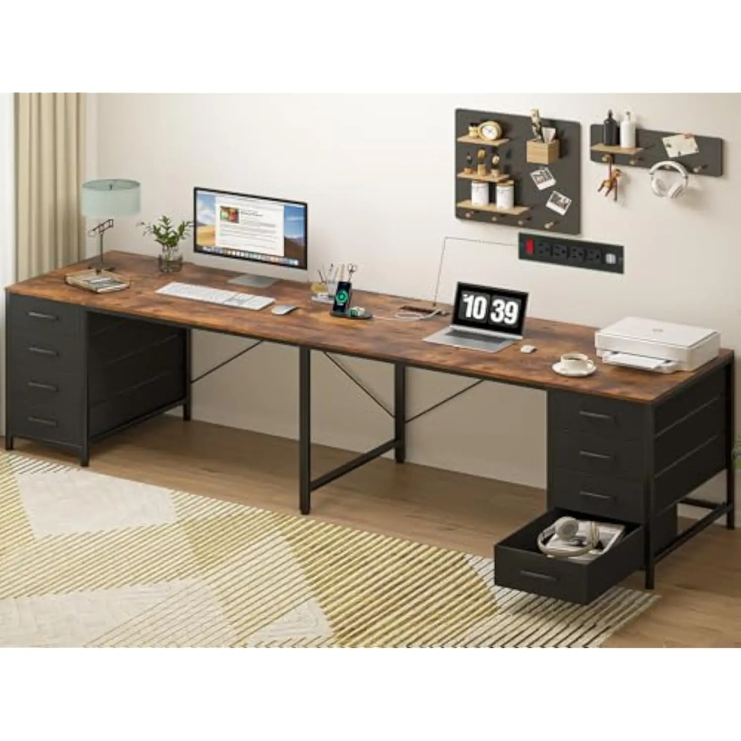 

TVU 110" 2 Person Desk with 8 Drawers, Large Writing Home Office Desks with Outlets, I Shaped Workstation Double Desk Drawer Or