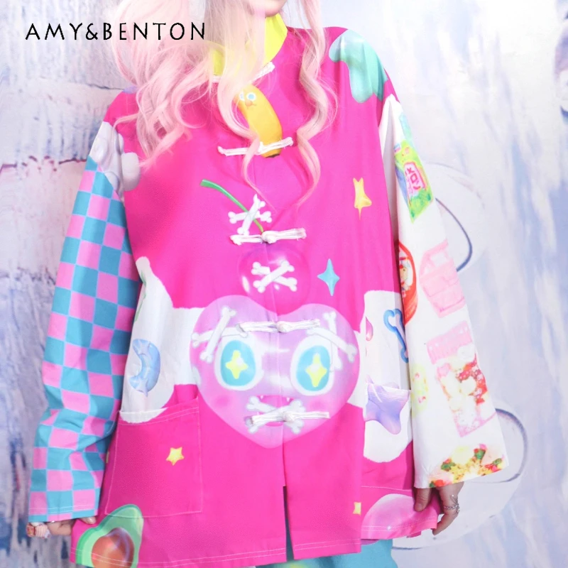 

Original Design Y2K Chinese Printed Stand Collar Colorful Long Sleeve Women's Top Spring Autumn Tang Suit Button Shirt Ladies
