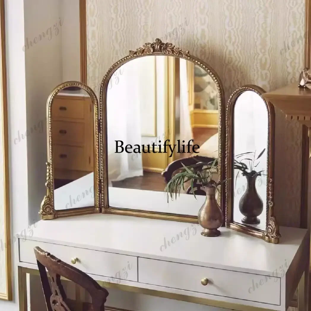 HR European-style carved makeup mirror retro court style, desktop, classical dresser wall-mounted tri-fold mirror