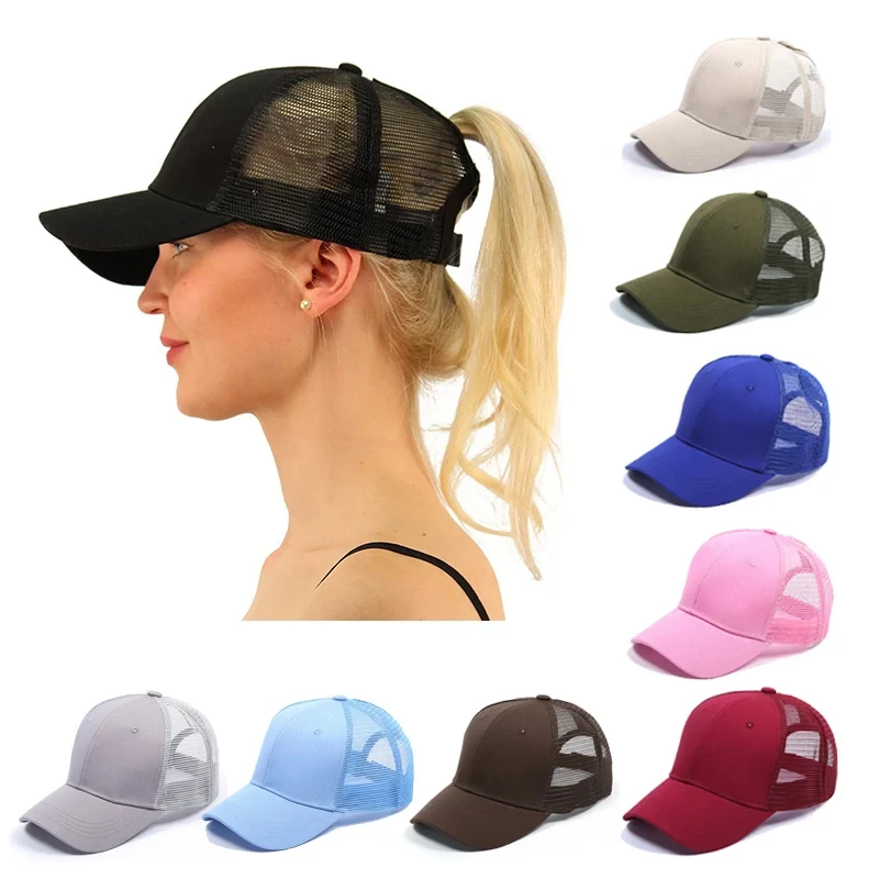 Summer Cap for Women Ponytail Baseball Cap Mesh Adjustable Golf Sport Snapback Hat Solid Color High Messy Bun Cap for Girl