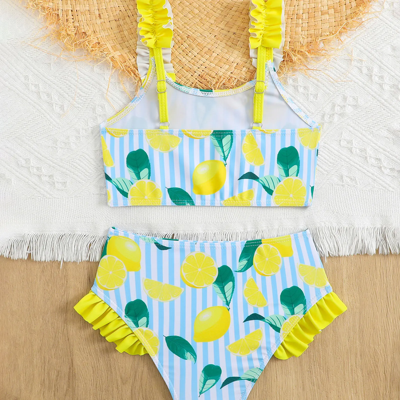 Kids Girls Swimsuit Two Piece Lemon Striped Bathing Suit Bikini Crop Top with Bottom Beachwear Vacation Ruffle Swimwear 4Y-7Y - view 2