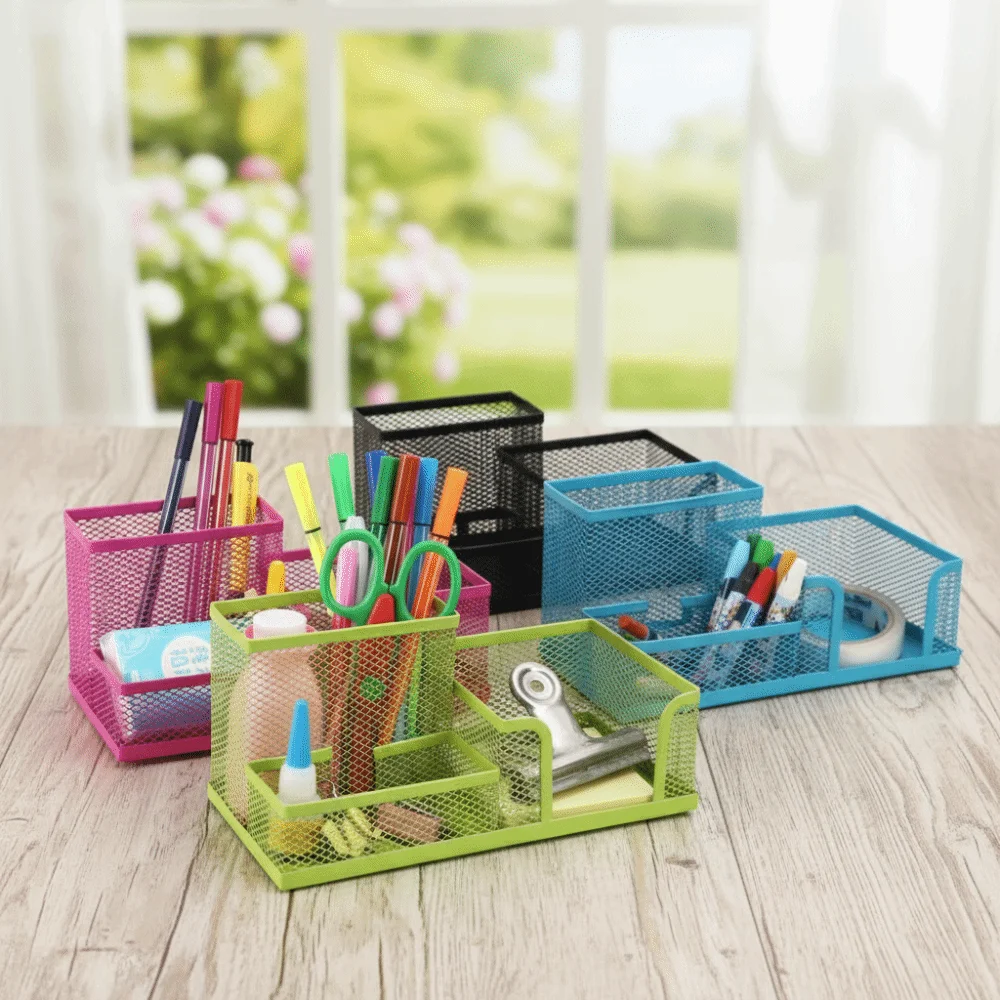 3/4 Grid Metal Mesh Pen Holder Hollowed-out Large Capacity Pencil Storage Box Space-Saving Creative Desktop Storage Container