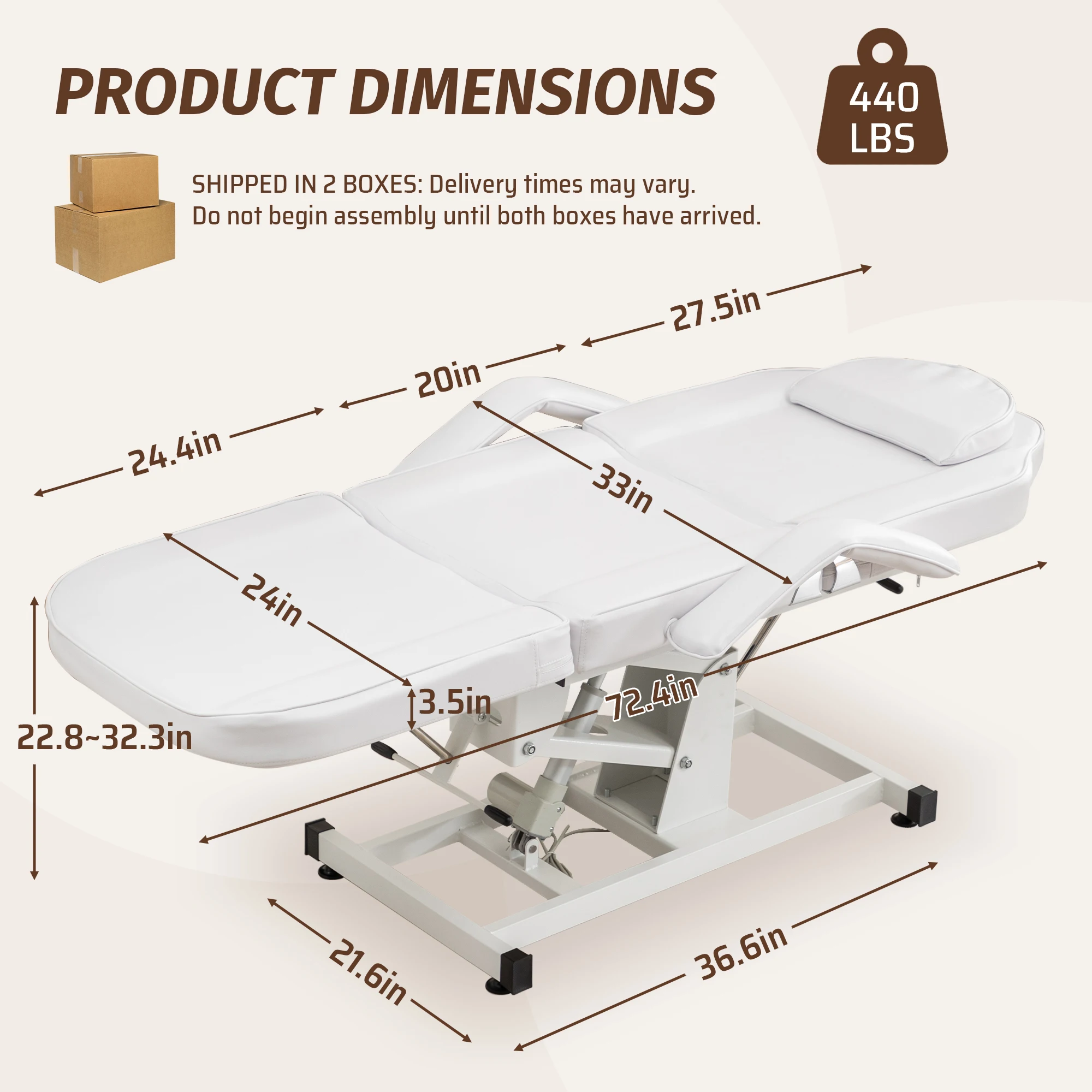 Electric Folding Salon Bed, 440LBS Heavy-Duty Massage Table, Remote Height Adjustable PU Leather Facial Bed for Tattoo, Waxing, Spa & Medical, White