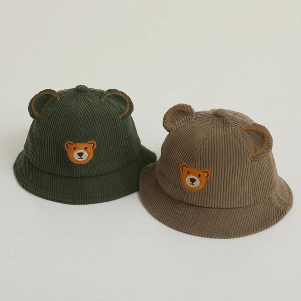 Korean Cartoon Bear Baby Bucket Hat Corduroy Sunscreen Kids Caps Cute Fisherman's Hat 0 to 2 years old