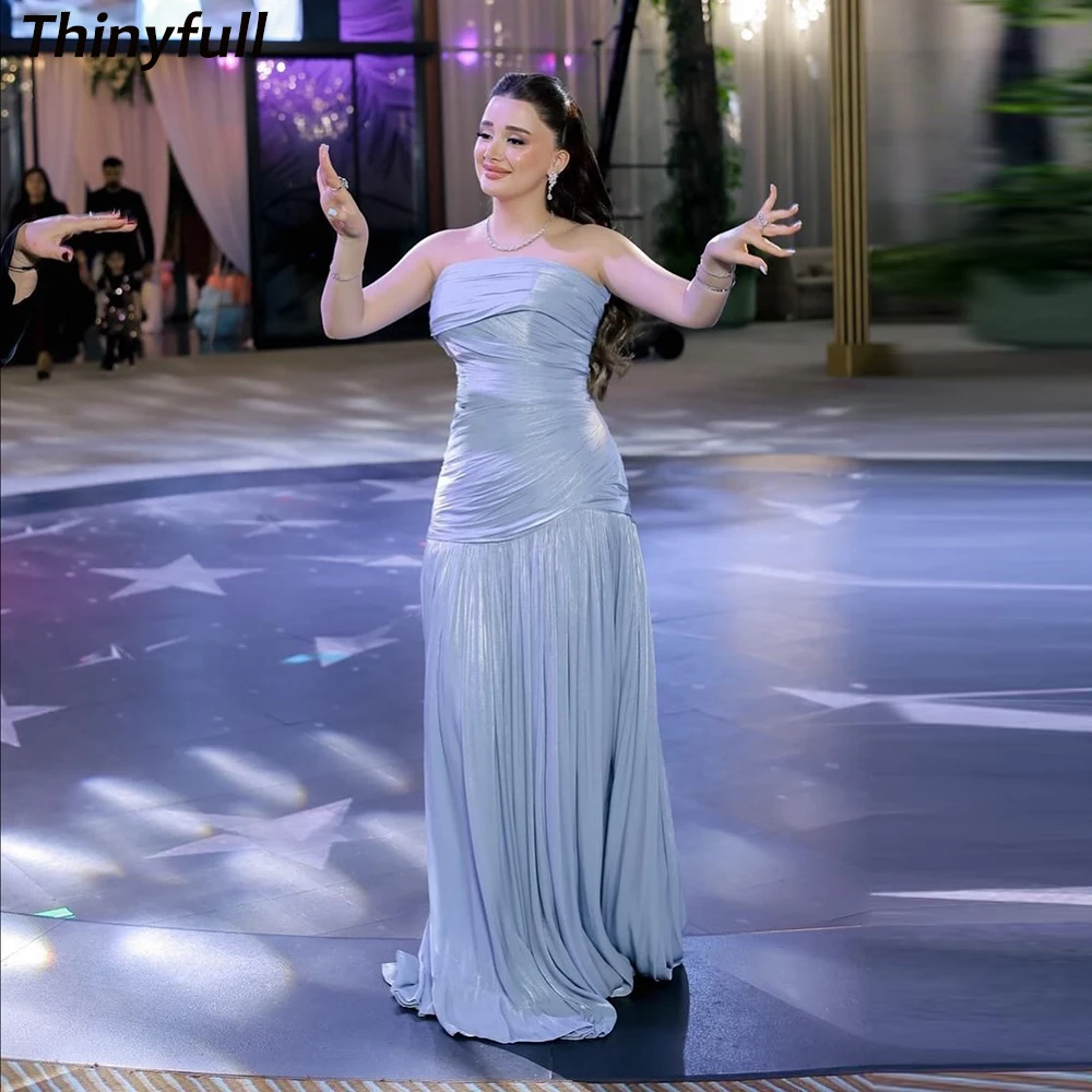 

Thinyfull Mermaid Prom Dress Strapless Sleeveless Arab Evening Party Dresses Shiny Satin Dress Robe De Soirée Customized