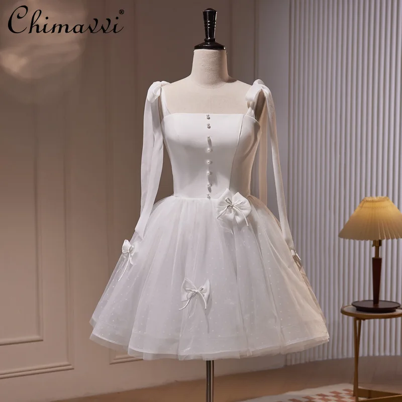 

Temperament Socialite Birthday Party Dresses Sleeveless Lace-Up Straps 3D Bow High Waist Mesh Fluffy White Wedding Dress Women
