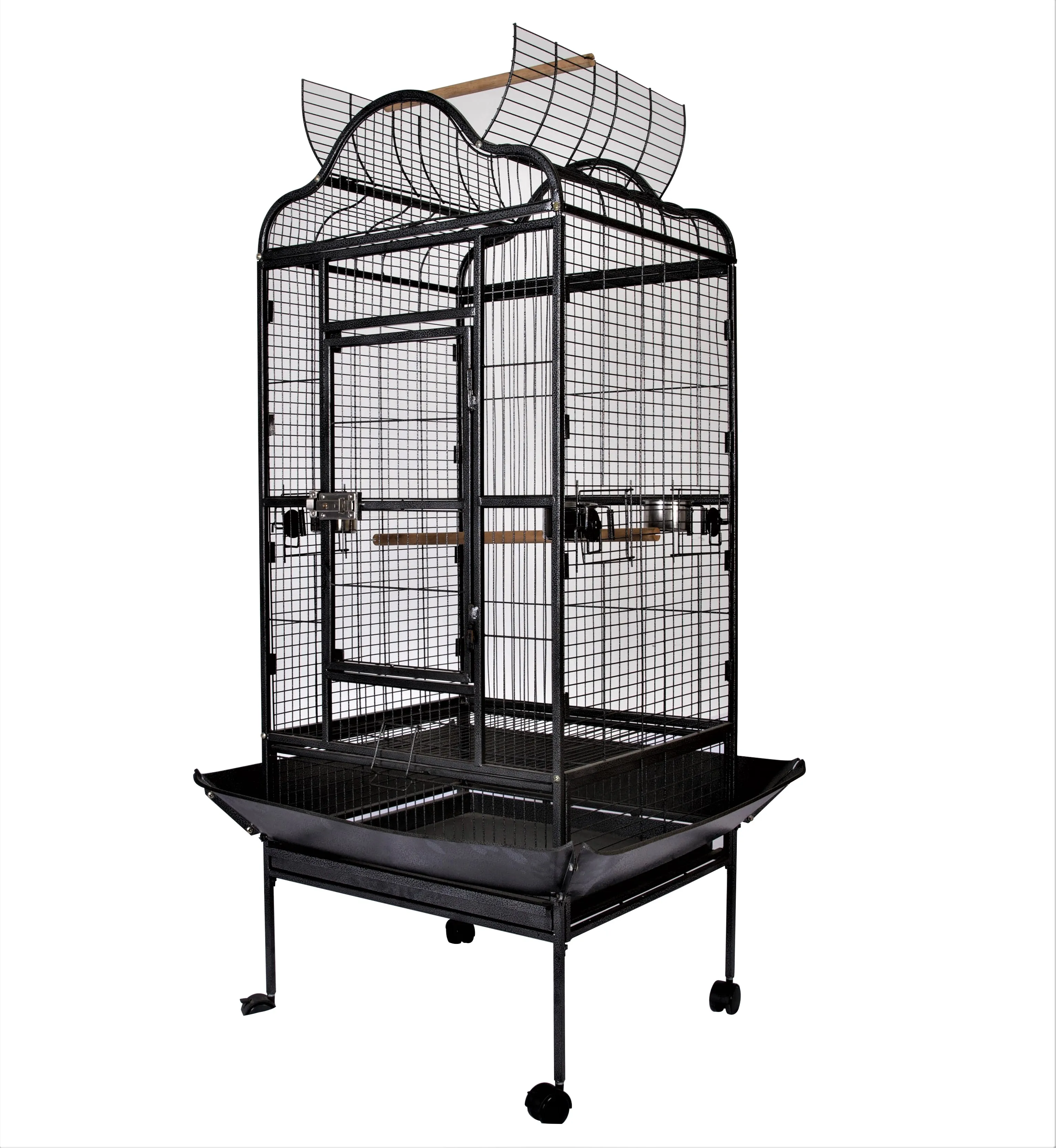 

Large Antique Style Wrought Iron Bird Breeding Cage Hammered Black Open Top Pet Aviary with Solid Pattern Packed in Box