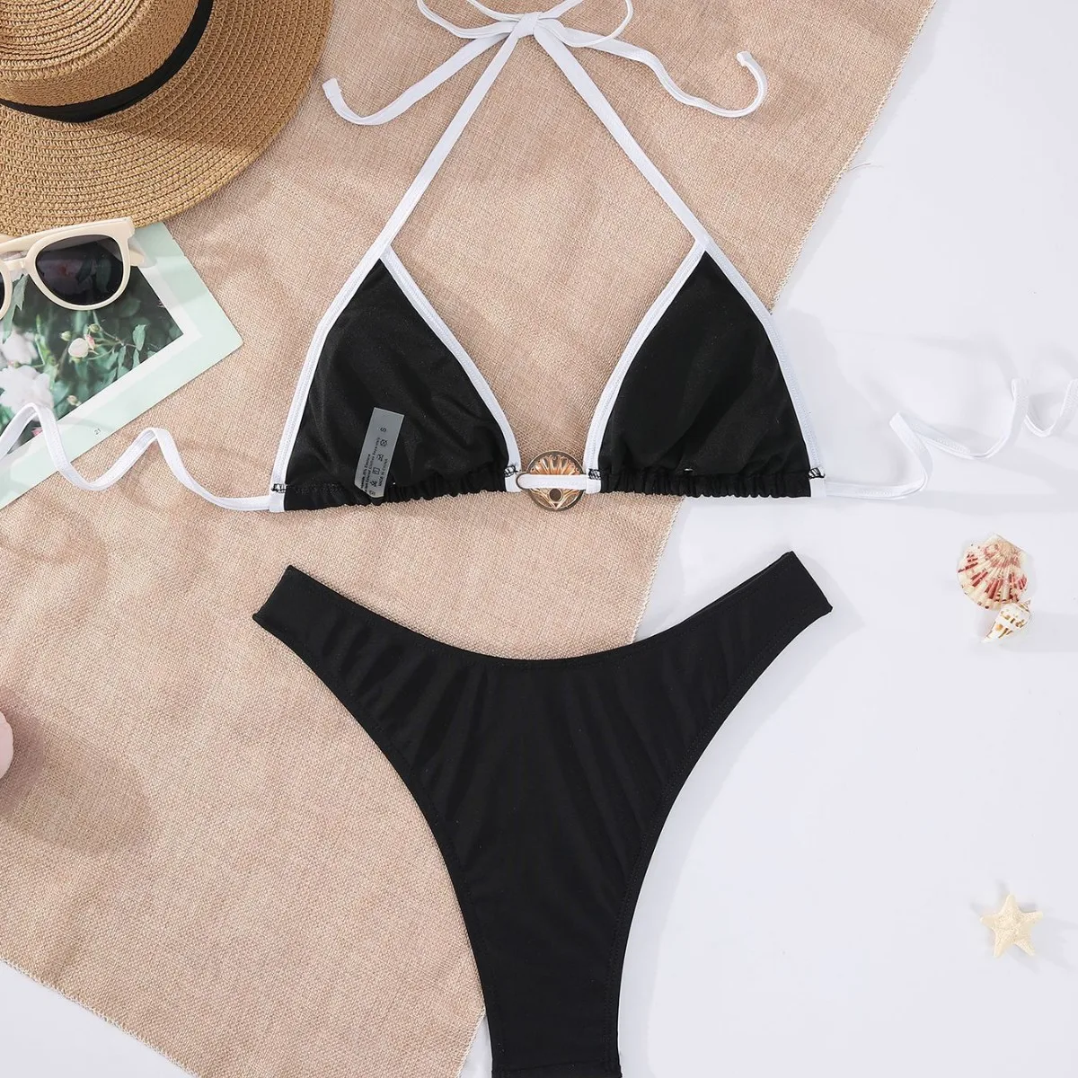 Sexy Metal Shell Ornament Bikini Set 2026 Women Black Patchwork Pleate Push Up Bra Thong Swimwear Beach Bathing Suit Swimsuit ﻿