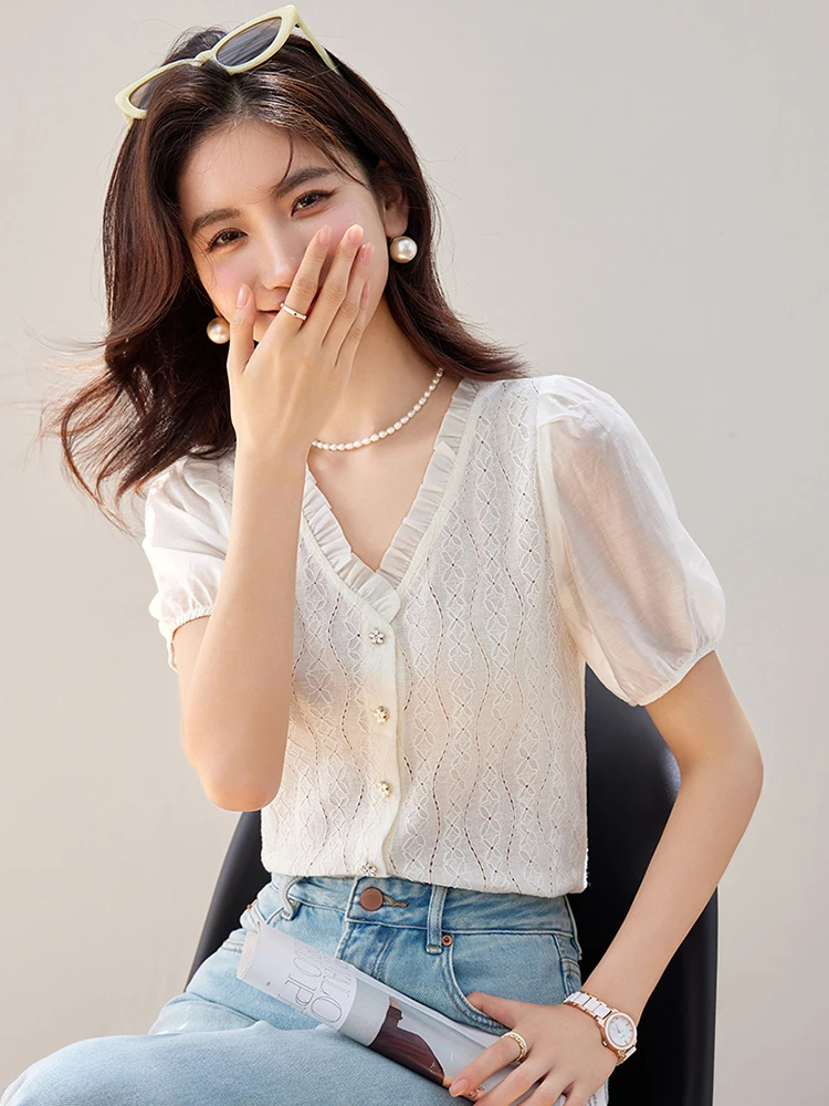 French V-Neck Puff Sleeves Shirts Women\'s Tops 2024 Summer Chic Design Female Short Sleeves Blouses