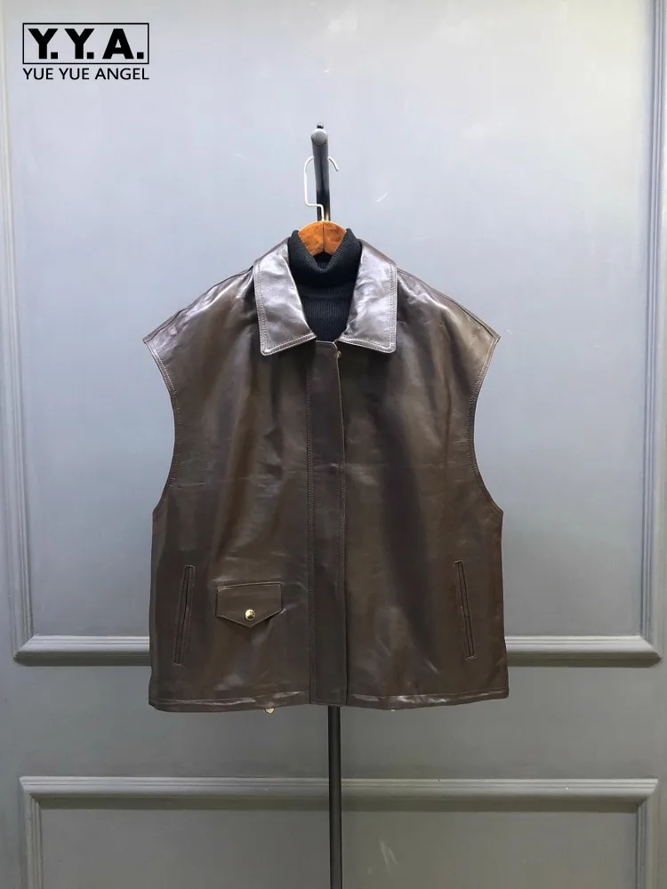 

Женские жилеты из натуральной кожи, жилет на молнии с отложным воротником, куртка без рукавов из натуральной овчины, модная повседневная свободная майка