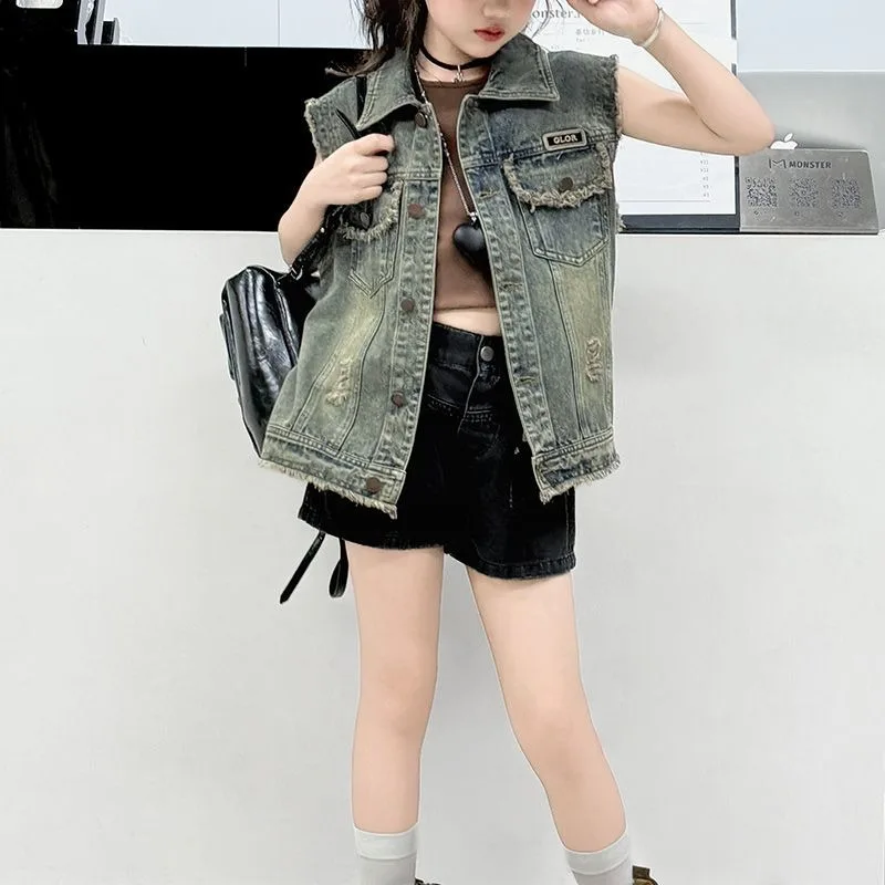 

Женский детский джинсовый жилет, осень 202, уличный детский стильный жилет, большой размер