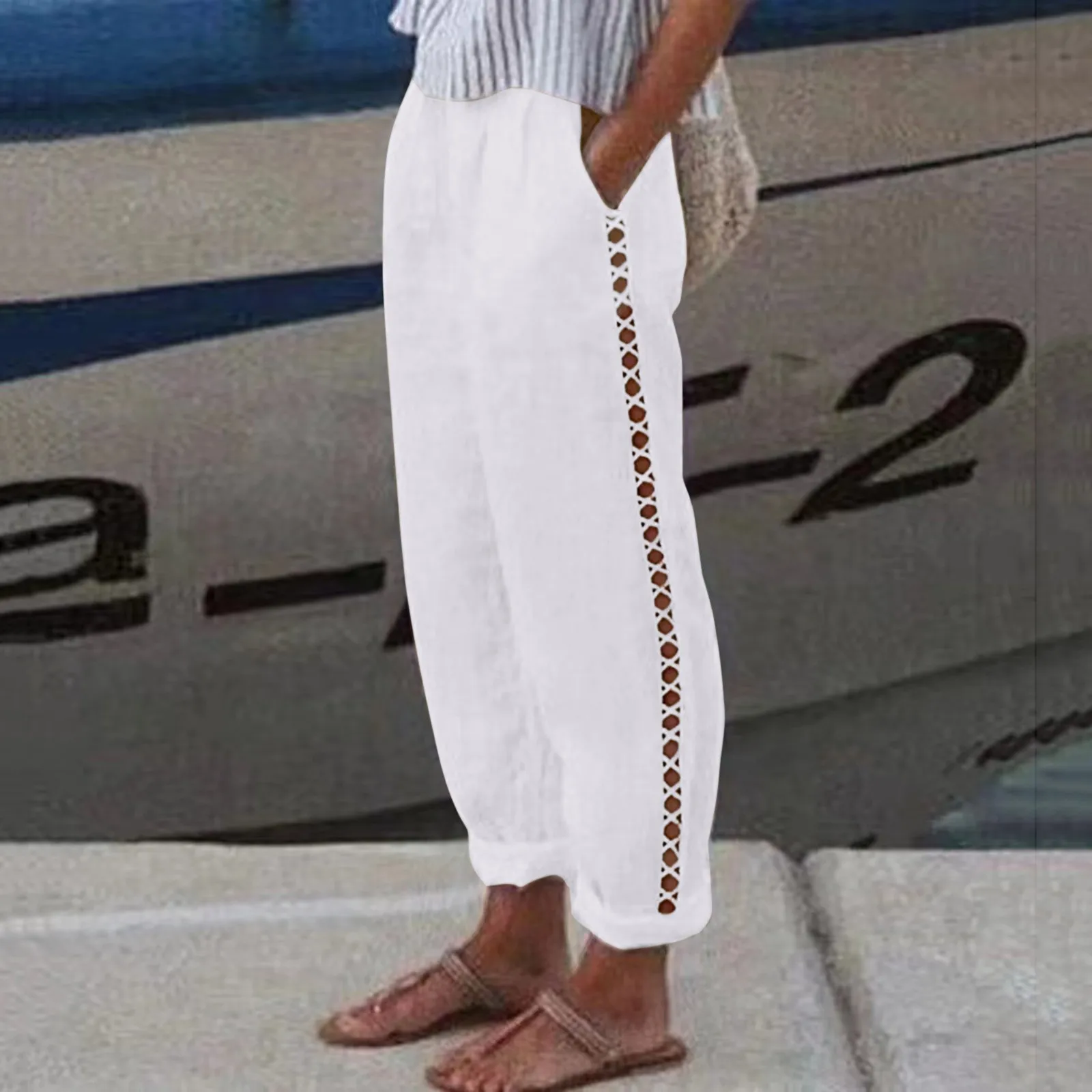 Women Cotton Linen Loose Wide Leg Pants 2023 Spring Summer  Casual Solid Drawstring Elastic Waist Comfy Trousers Hollow design