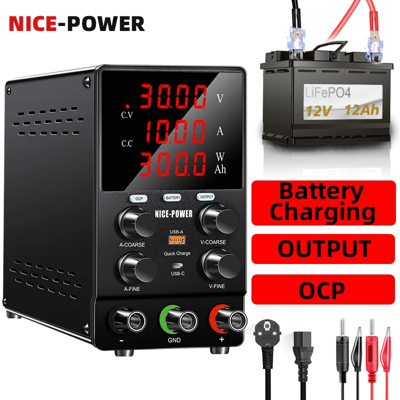 NICE-POWER OCP Lab DC Power Supply Adjustable Laboratory For Mobile Repair Portable EV Charger 30V 10A Switching Digital Bench