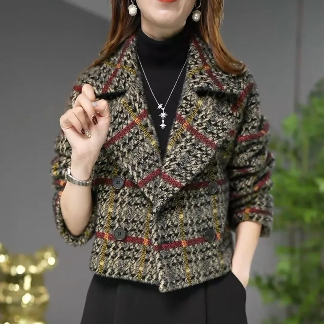 British Style Plaid Short Coat Women's Warm Stylish Autumn Winter New Arrival Fashionable Slimming V