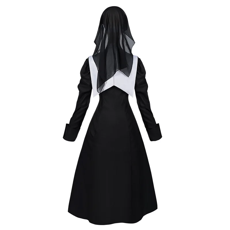 Pascua Halloween cosplay sexy monja cruzada disfraz juego uniforme juego de rol vestido largo negro con velo collar chal conjunto completo