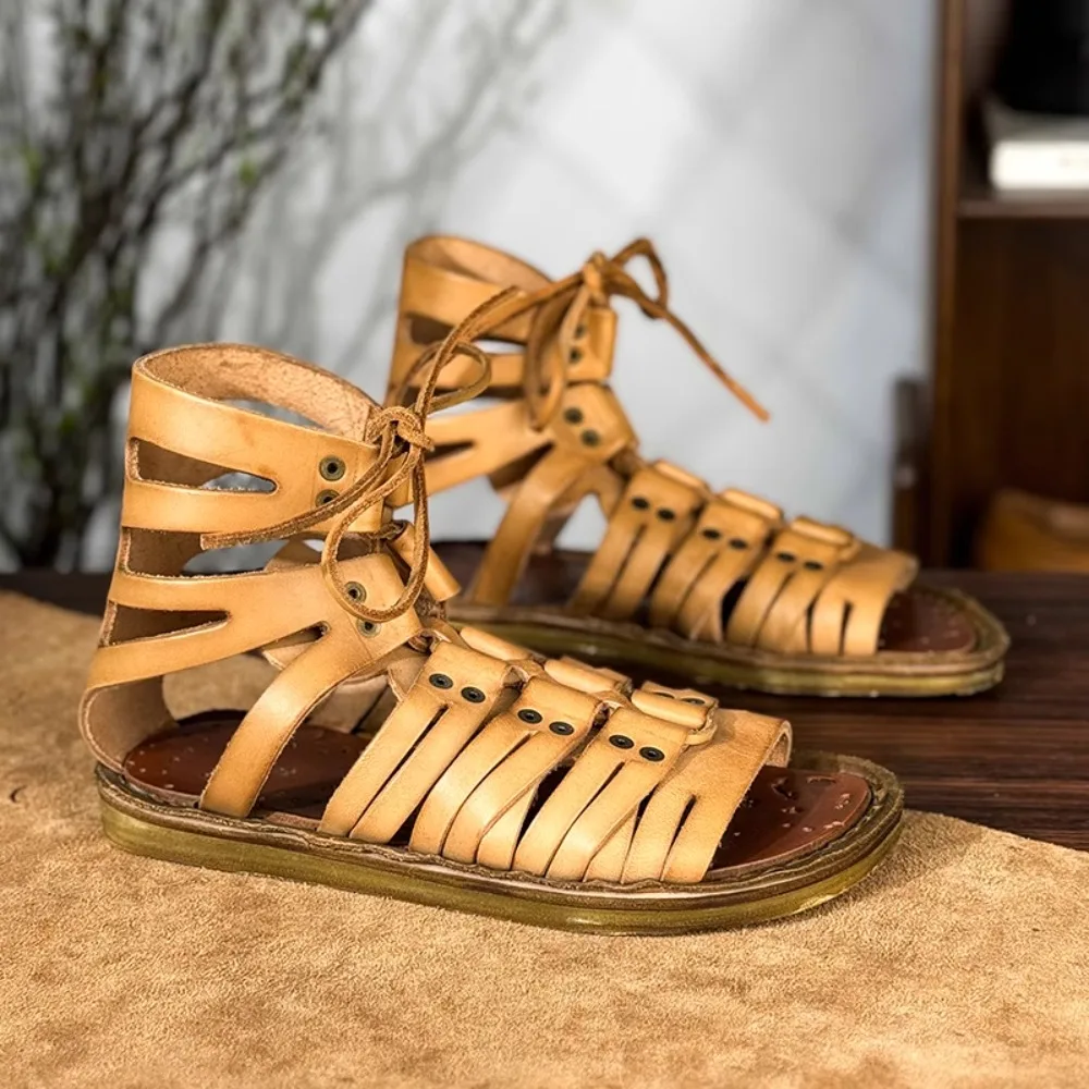 New Men's Cow Genuine Leather Vintage High Top Rome Sandals Summer  Flat Heel Cross-tied Woven Casual Beach Gladiator Shoes
