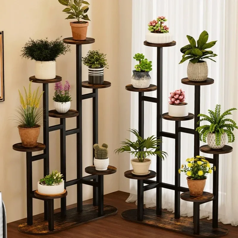 Retro wind steel wood plant rack, courtyard multi-layer flower rack, balcony flower pot rack, garden steel wood flower rack