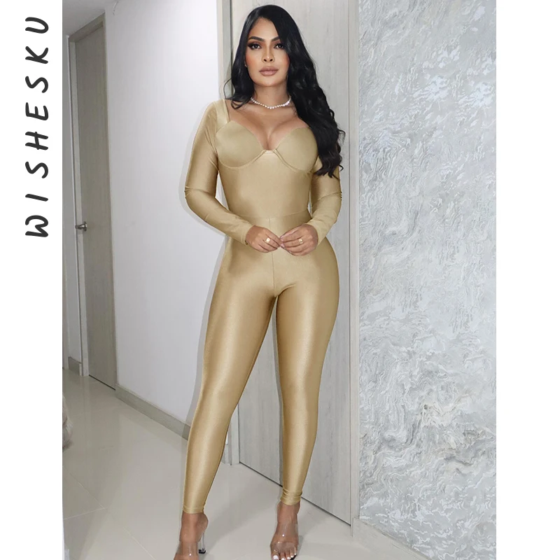 Sexy Low Cut Bright Silk Skinny Jumpsuits Women Long Sleeve Stretch One Piece Rompers 2025 Spring Fall Sporty Outfits