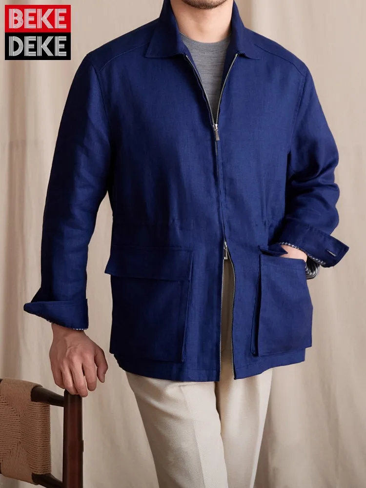 Spring New Men 100% Linen Jacket Pockets Zipper Loose Fit Breathable Business Work Coat Casual Vintage Slim Waist Outwear Jacket