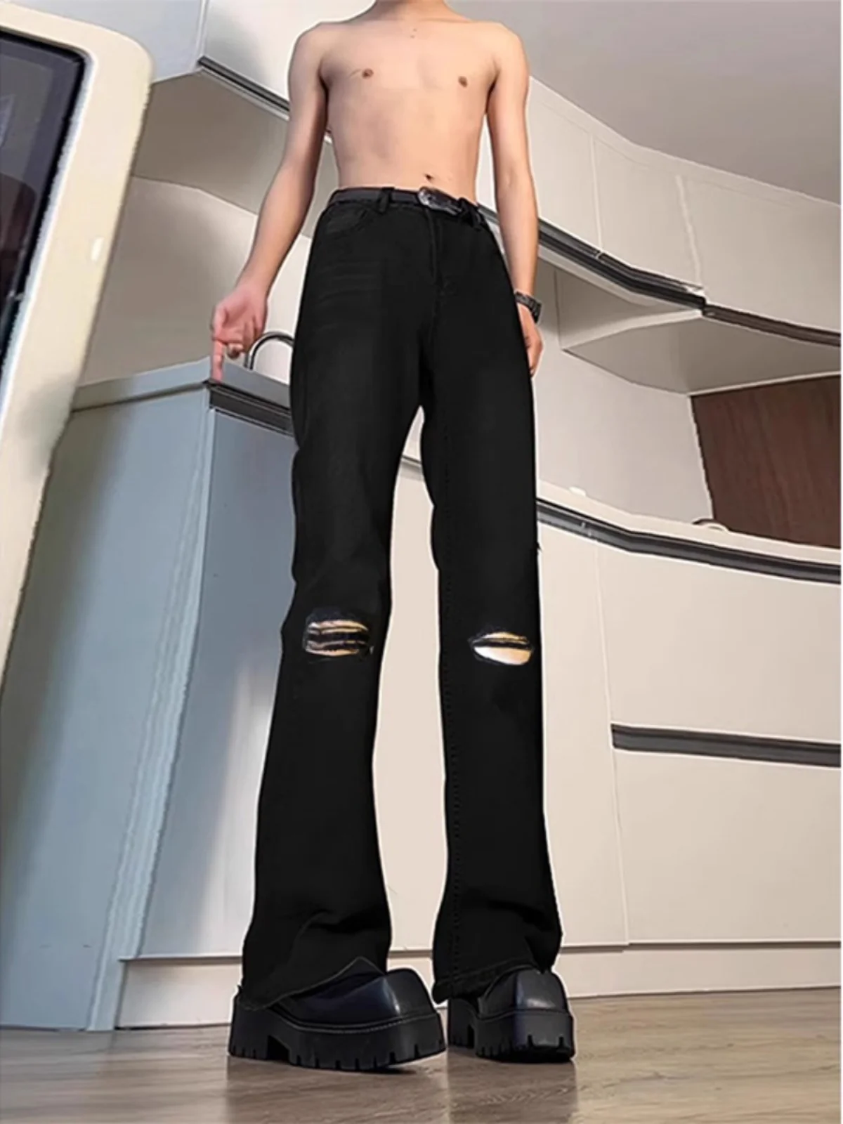 

Teenage Boys' High Waist Straight Leg Jeans Summer Faion Brand Hole Punching Cool Looking American High Street Sle