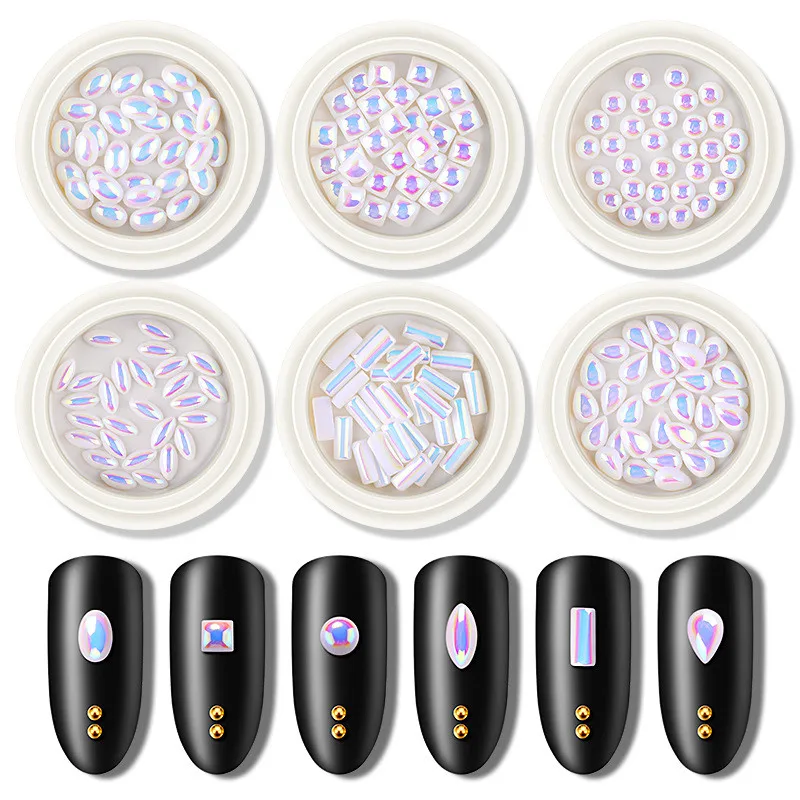 

6 Box Nail Laser Pearl Shaped AB Flat-bottomed Semi-circle Flat-bottomed Pearl Rhinestones Mix Size Nail Art 3D Irregular Decor