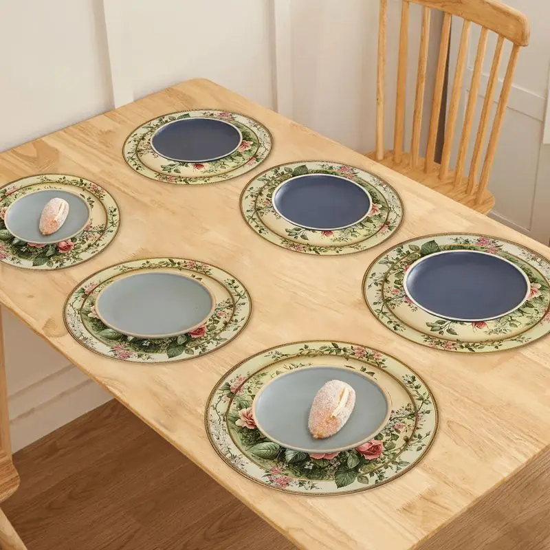 VIKAMA Retro Pink and White Rose Round Table Mat Thermal Insulation Fabric Table Mat French Countryside Table Decoration