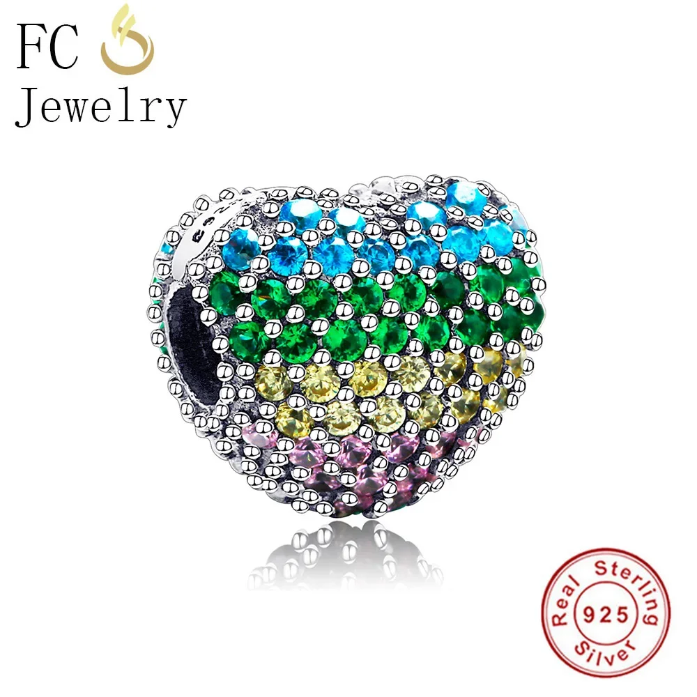 

FC Jewelry Fit Original Brand Charms Bracelet 925 Silver Heart Paved Color Zirconia Lock Stopper Clip Beads Berloque DIY Gift