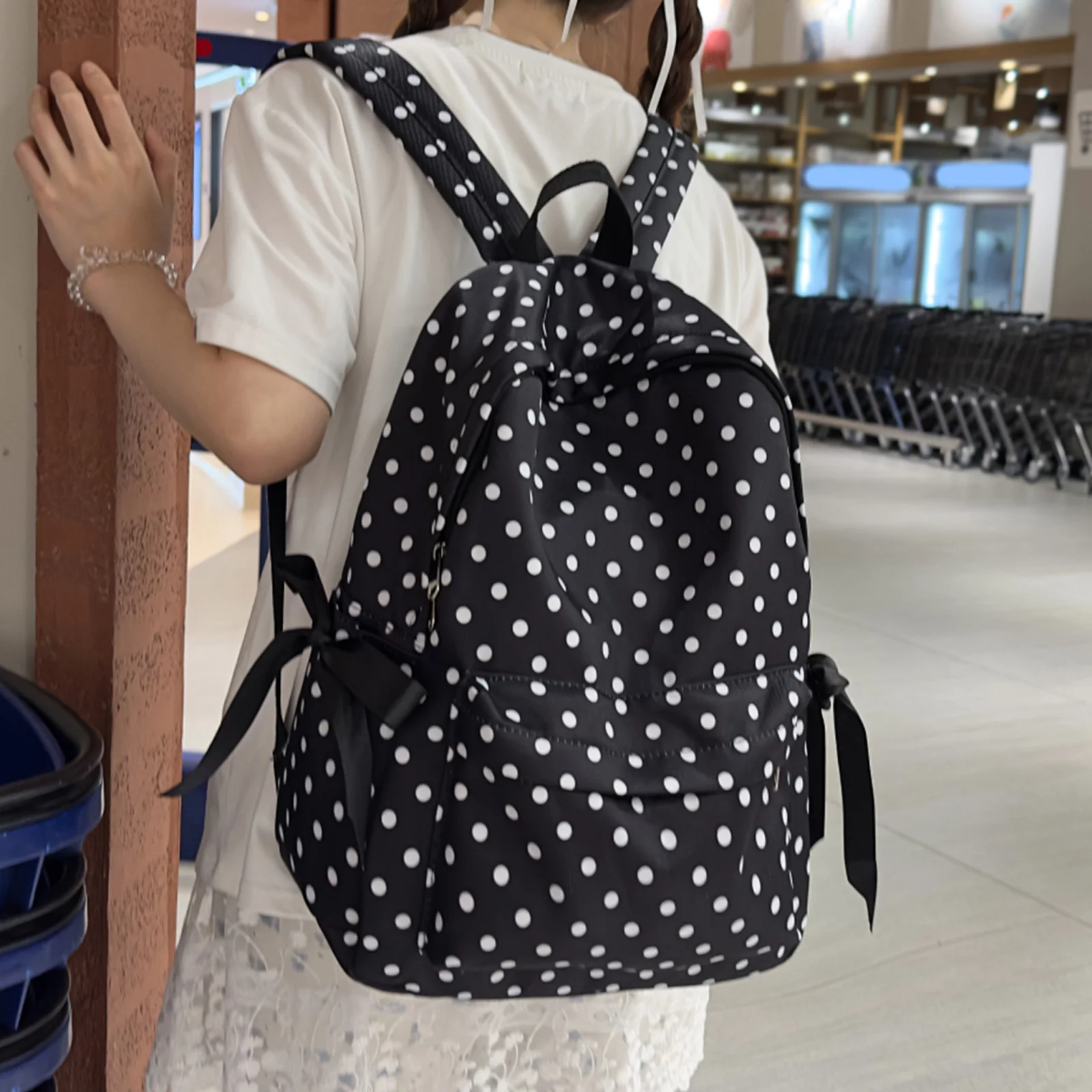 Cute Polka Dot  Backpack Kawaii Sweet Nylon Travel Daypack with Side Bows for Girls Women Casual High- College