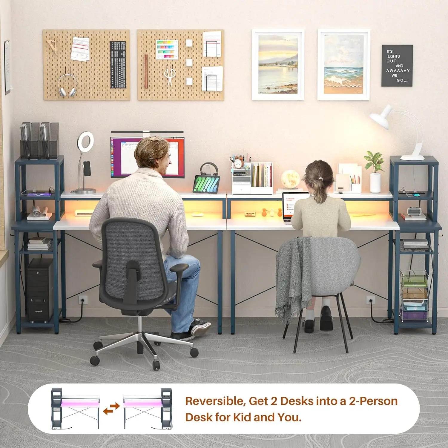 2024 Upgrade Gaming Desk with LED Lights, Computer Desk with Long Monitor Stand, 40"/47.2'' Reversible Laptop Table with Storage