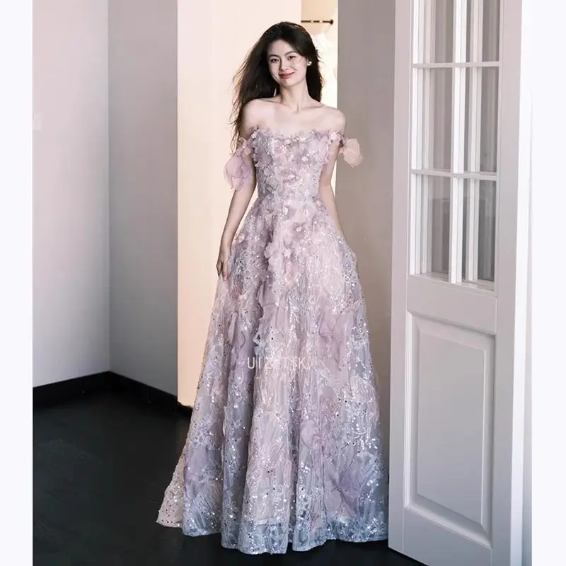 ライト高級女性イブニングパーティードレス宮殿スタイルノースリーブ手作りスパンコールアップリケ蝶妖精ウエディングドレス Vestidos