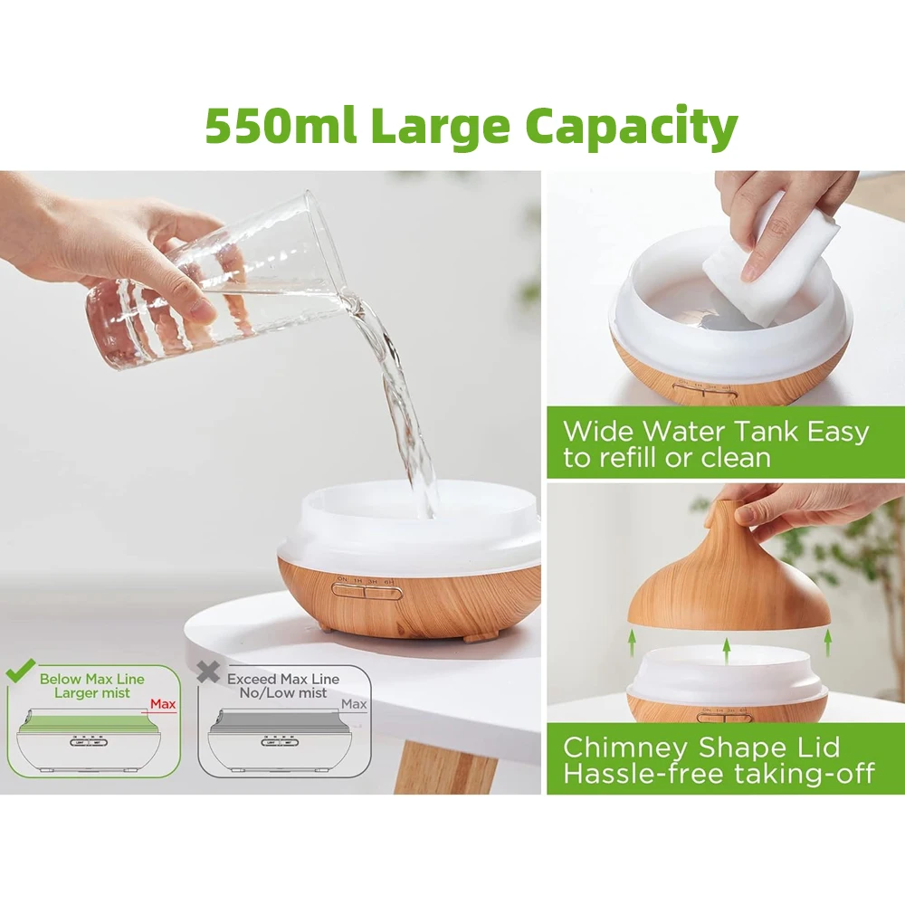 Upgraded 550ml Essential Oil Diffuser & 6 Oils Set, Ultrasonic Cool Mist Humidifier with 7 LED Colors, 4 Timer Settings, Auto-Of