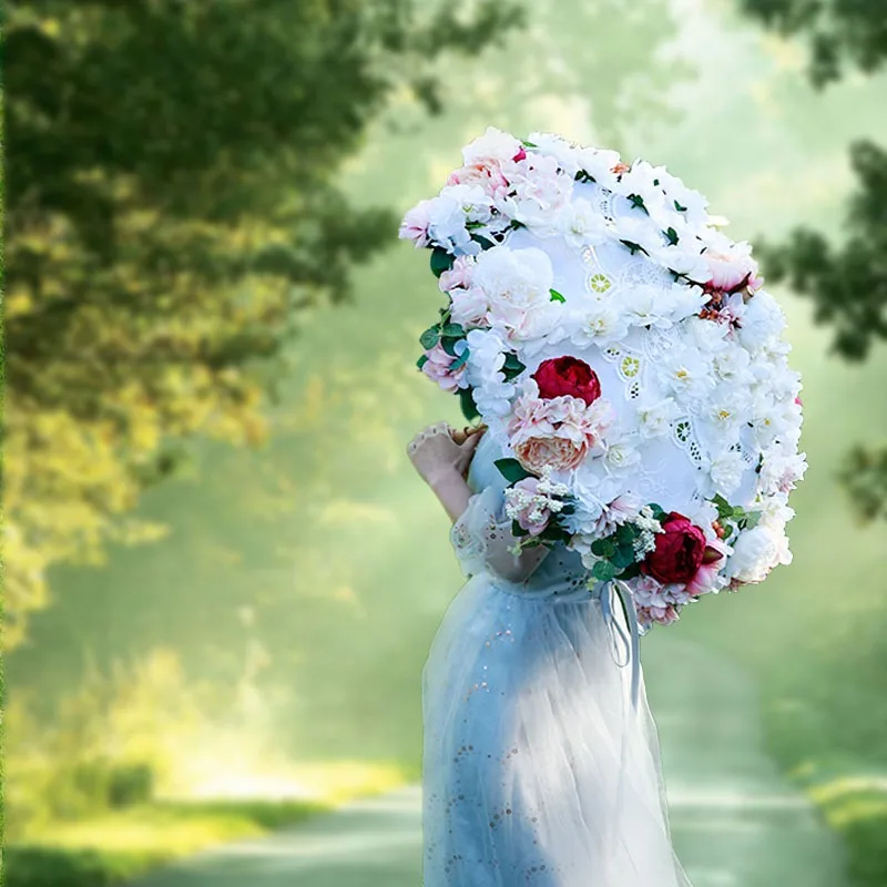 White Vintage Lace Floral Parasol Lolita Bridal Wedding Umbrella DIY Shooting Scenic Decoration Prop