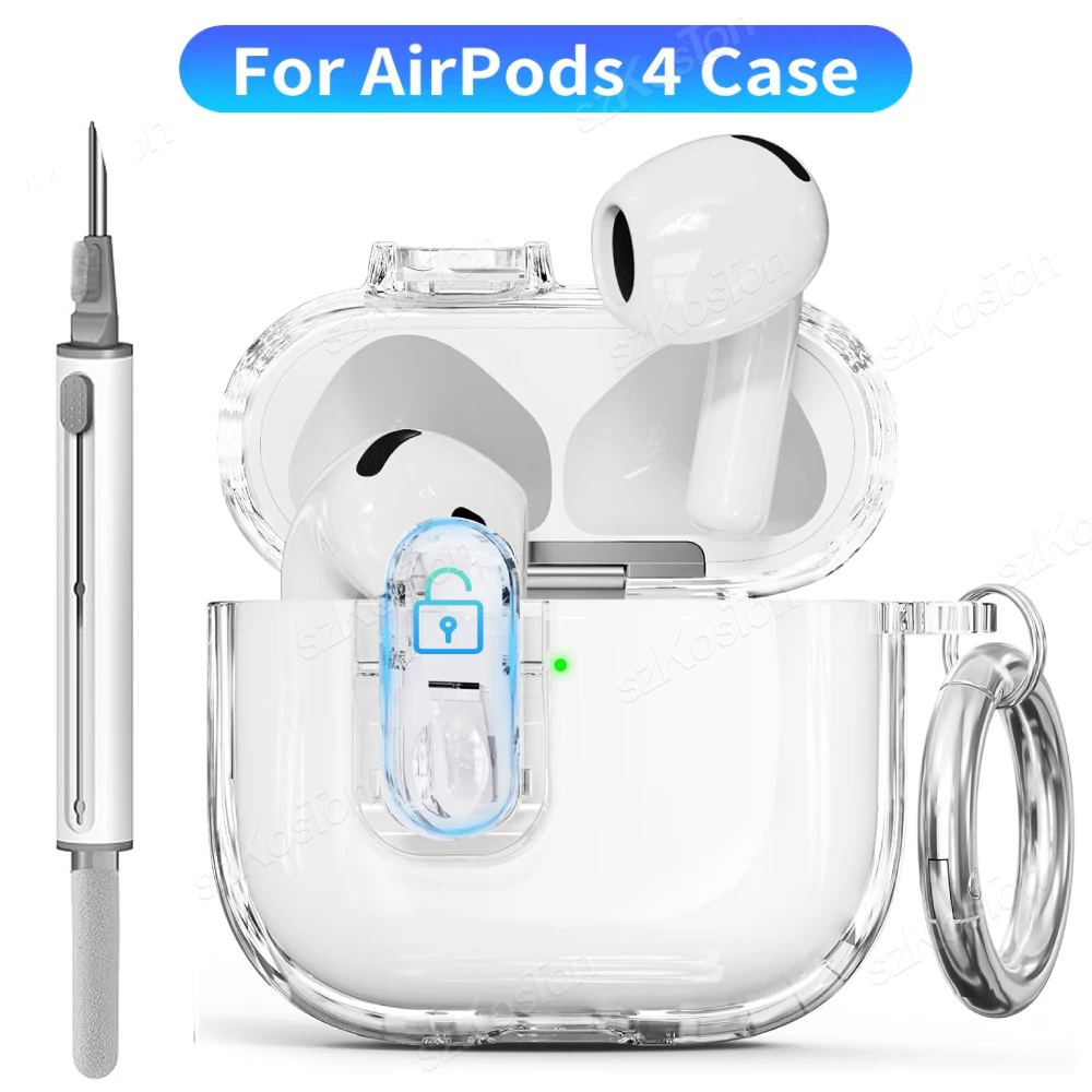 Transparent Protective Cover for Airpods 4 Case with Cleaning Kit and Keychain for 2024 Air Pods 4 Gen Safety Lock TPU Shell