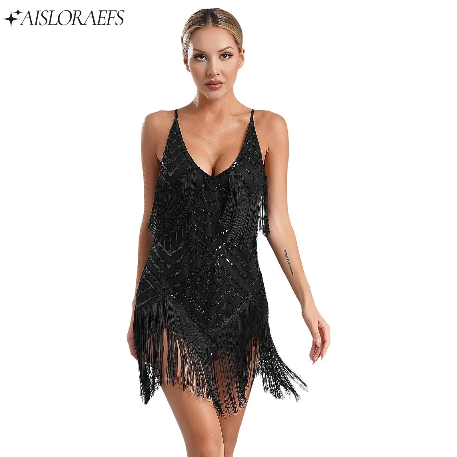 

Women Latin Fringes Dance Dress V Neck Shiny Sequins Tassel Jazz Halter Ballet Dance Dess for Stage Performance Competition