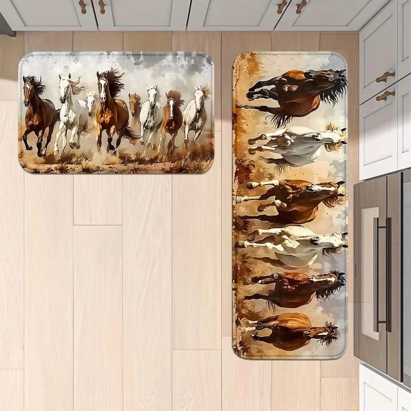 Newest Doormat Watercolor Running Horse Print Washable Non Slip Flannel Kitchen Floor Rug Multi Scene Doormat Set for  Bedroom