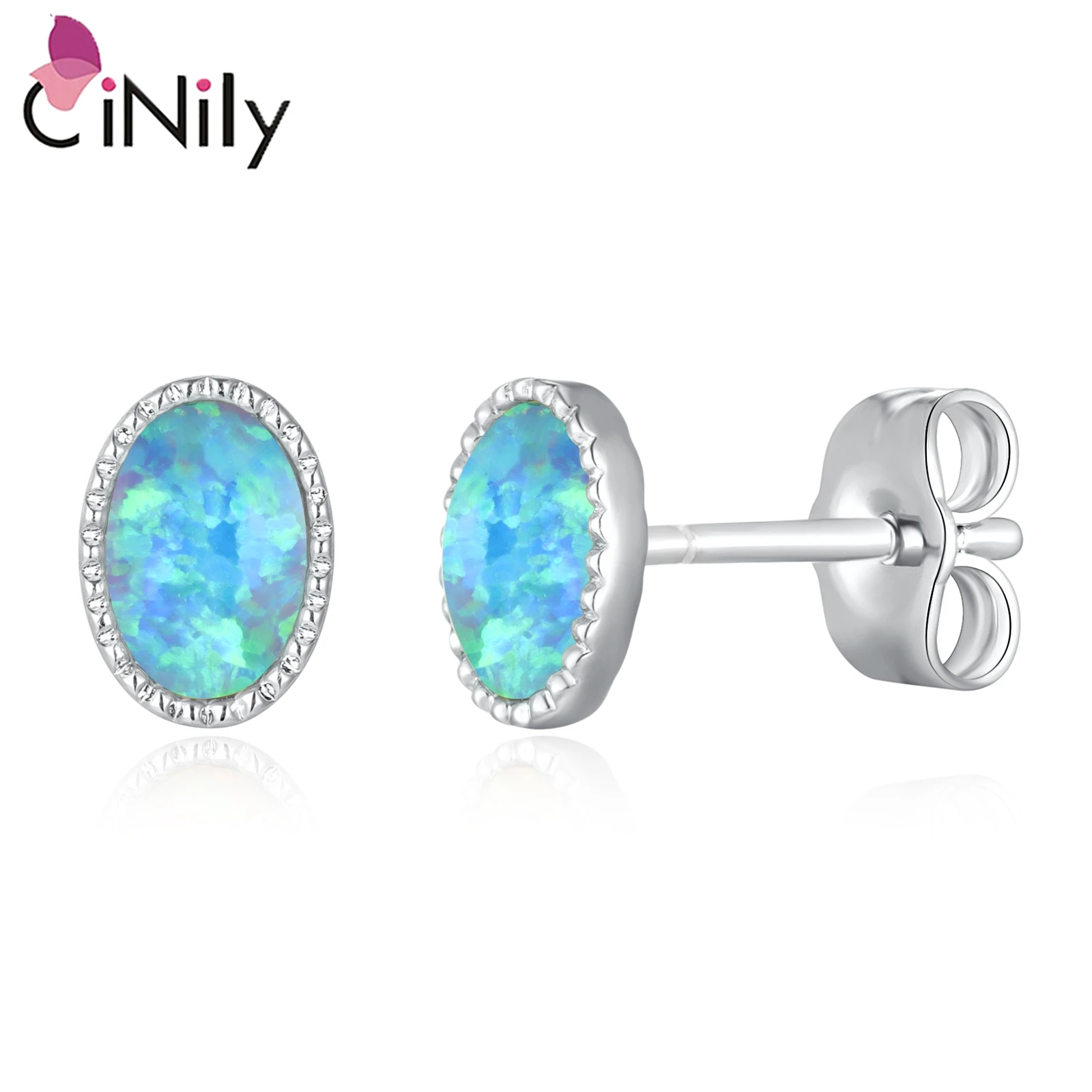 CiNily Created White/Blue Opal Earrings 6x4mm Silver Color Oval-shape Simple Small Stud Earrings for Women Engagement Jewerly