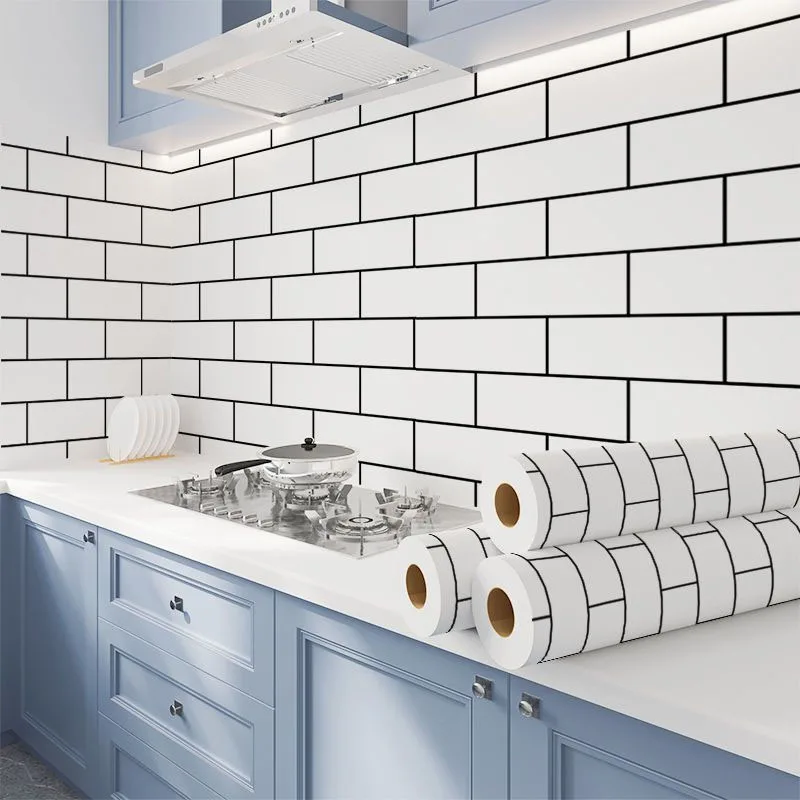 40cm White Brick Wallpaper Waterproof Oil Resistant High Temp Adhesive Sticker Kitchen Cabinet Home Wall Decorative Covering