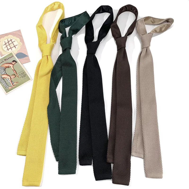

Вязаный однотонный темно-зеленый черный модный галстук на шею Синий забавный галстук-рубашка Узкие галстуки с плоской головкой