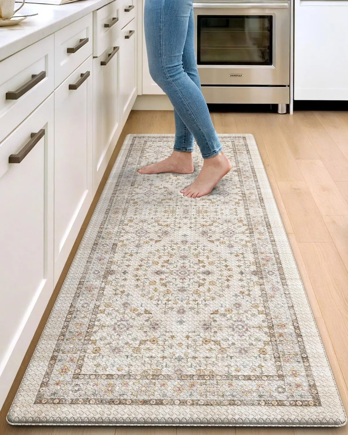 

Cushioned Anti-Fatigue Kitchen Floor Mat, Waterproof Rubber Runner Rug with Memory Foam, Beige/Ivory