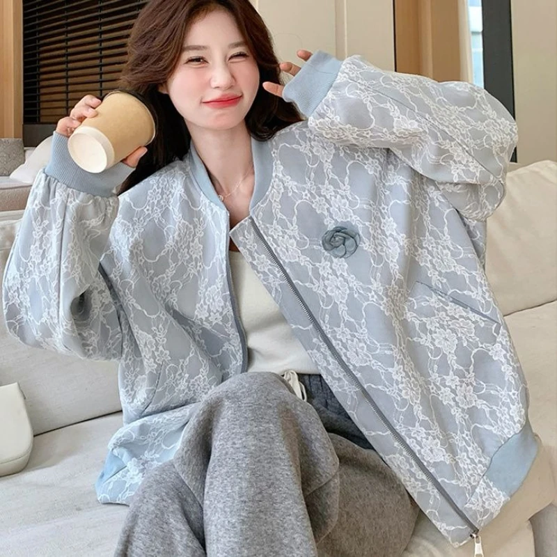 Giacca da baseball in pizzo da donna autunno 2025 Vestibilità ampia Capispalla dimagrante Cappotto casual stile street