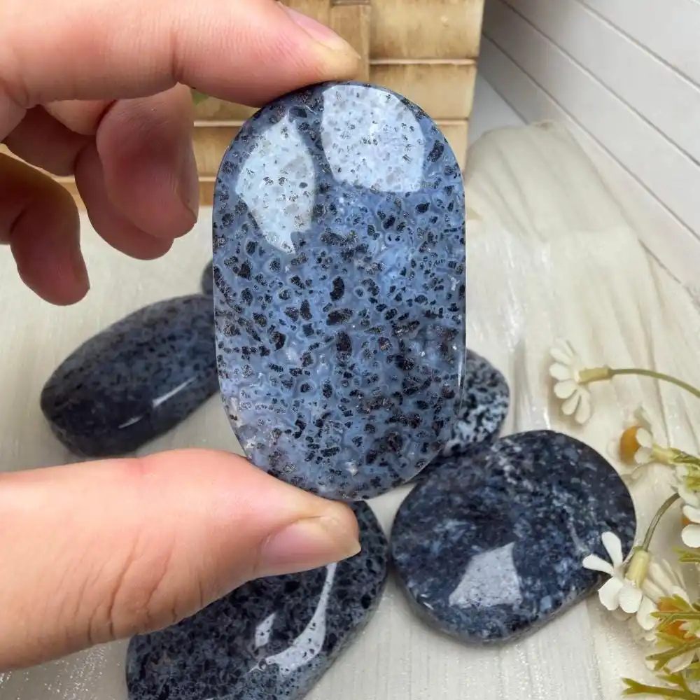 Natural Blue Agate Palm, Crystal Worry Stone, Home Office Decor,Birthday Gift