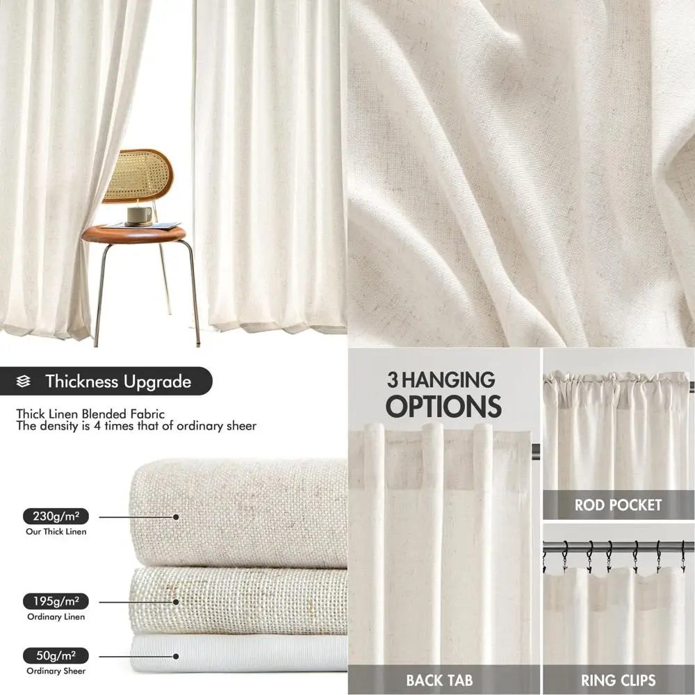 

Полупрозрачные льняные шторы с эффектом рассеивания света, с креплением на петлях, 52x100 для спальни/гостиной, натуральный белый цвет