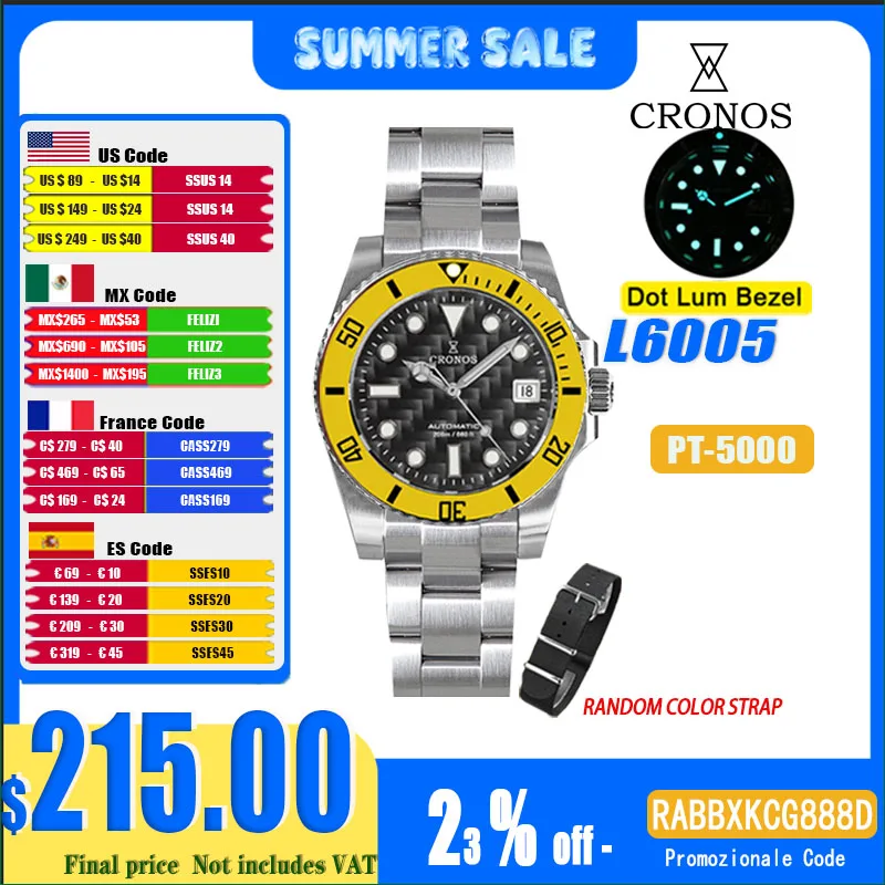 

Cronos Sub Diver Men Watch Stainless Steel PT5000 Ceramic Bezel 200 meters Waterproof Adjust clasp Carbon Fiber Dial L6005M