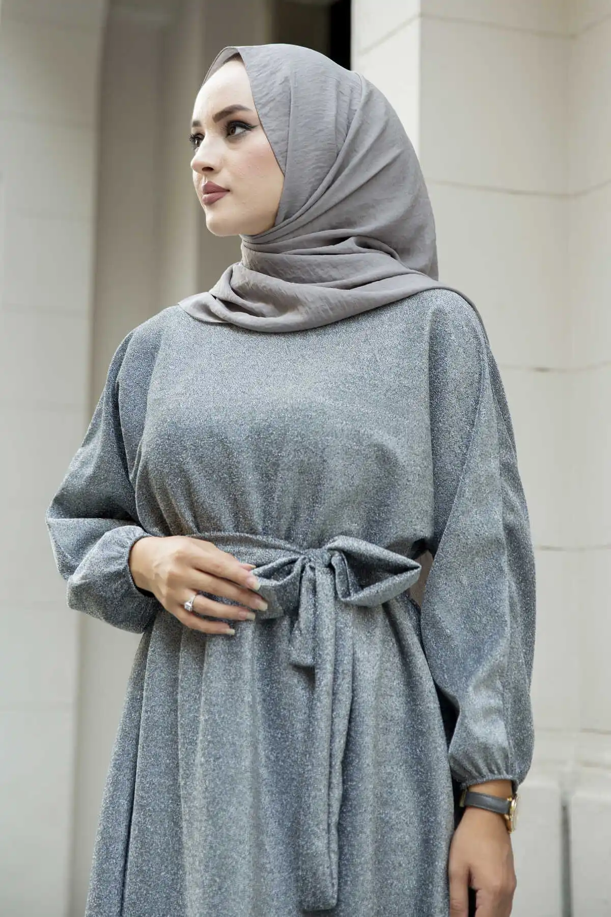 Silvery Bat Sleeve Dress SB-Gray