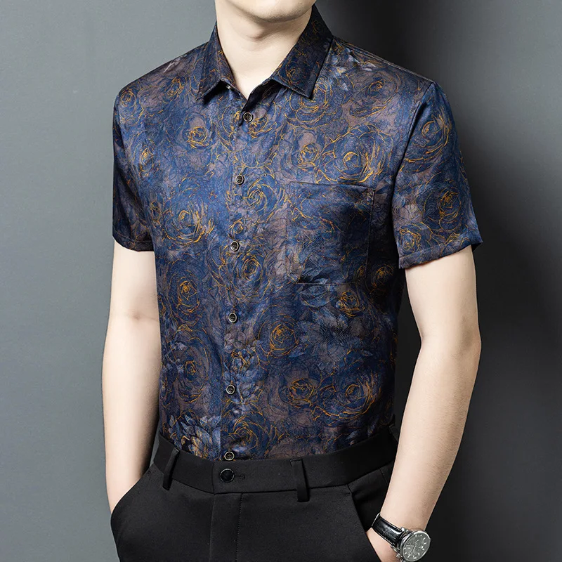 

High Quality Real Silk Yarn Short-Sleeved Shirt Men's Summer Thin Camouflage Flower Youth Fashion Casual Loose Top