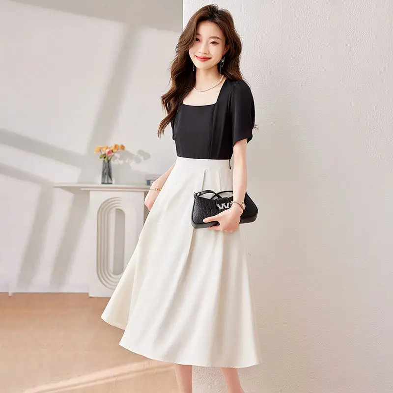 

2023 Summer Overknee Long New Women's Clothing High-Grade Fake Two-Piece Cinched Slimming Short Sleeves Dress